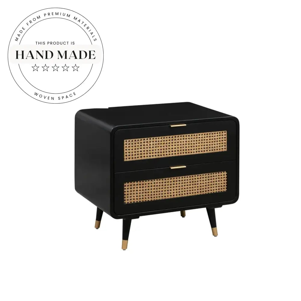 Modern Black Solid Wood Nightstand with Natural Rattan Drawers