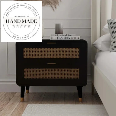 Modern Black Solid Wood Nightstand with Natural Rattan Drawers