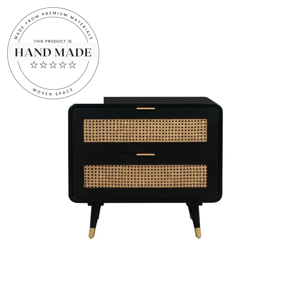 Modern Black Solid Wood Nightstand with Natural Rattan Drawers