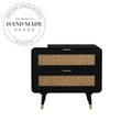 Modern Black Solid Wood Nightstand with Natural Rattan Drawers