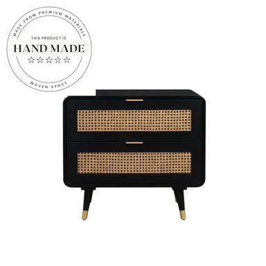 Modern Black Solid Wood Nightstand with Natural Rattan Drawers