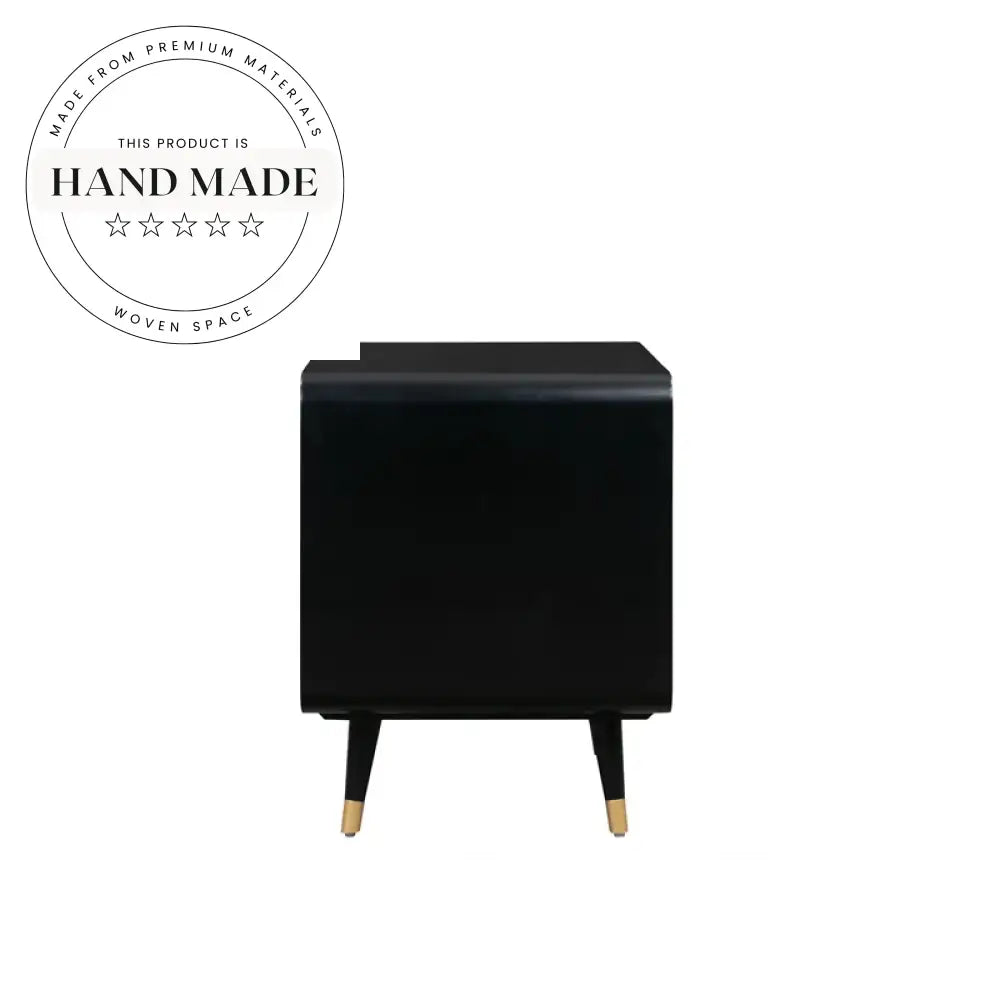 Modern Black Solid Wood Nightstand with Natural Rattan Drawers