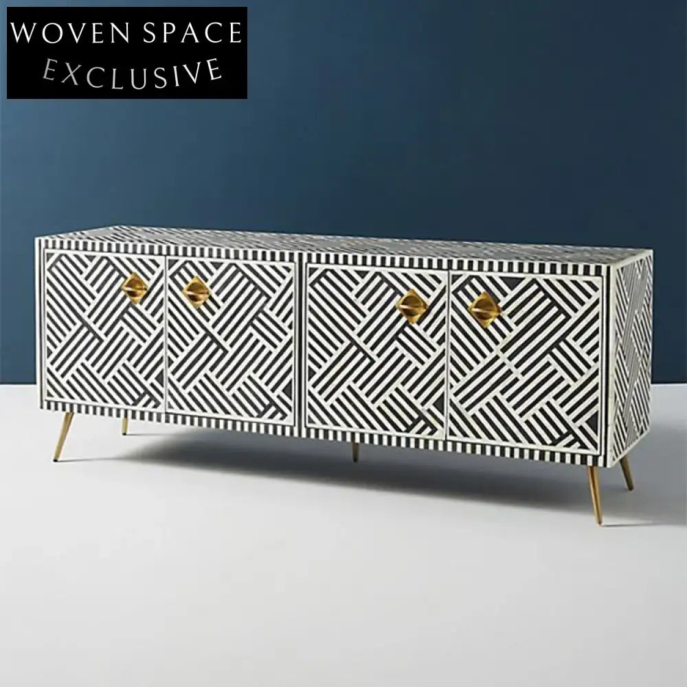 Modern Black White Wooden TV Unit with Stainless Steel Legs and 4 Doors