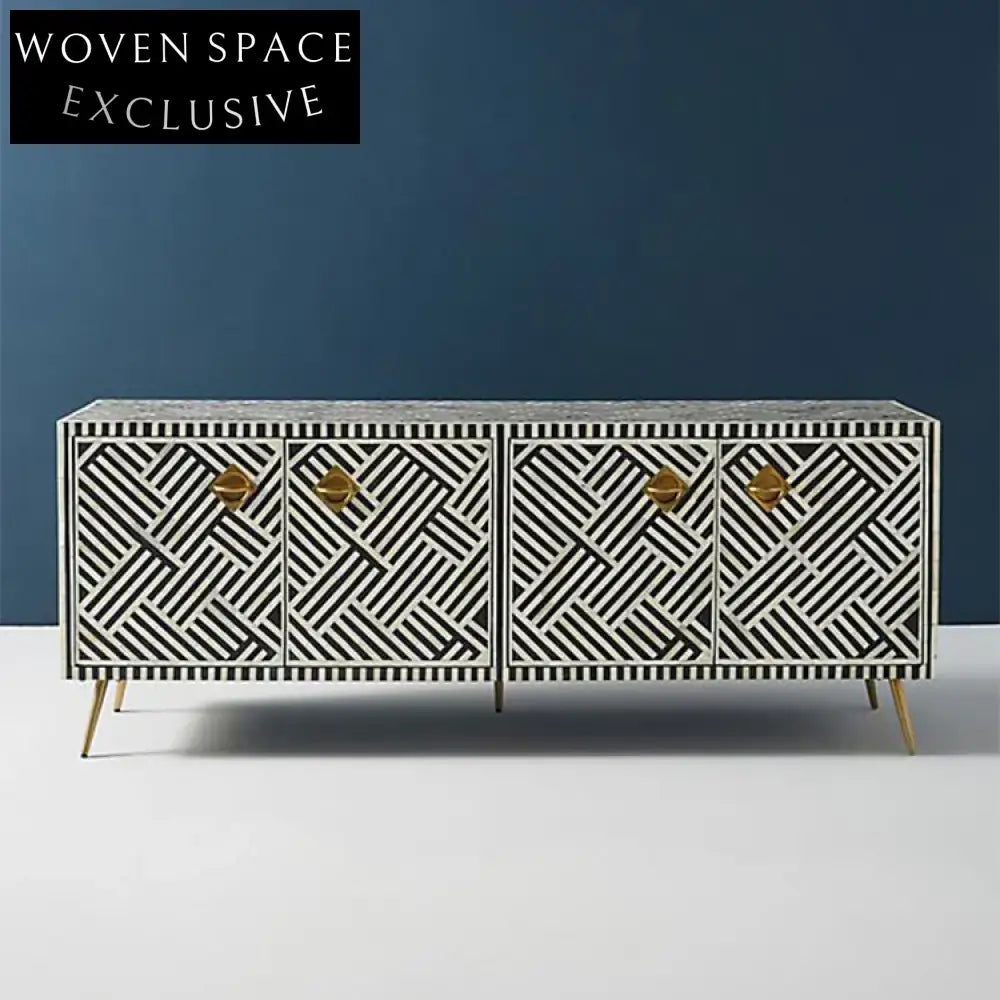 Modern Black White Wooden TV Unit with Stainless Steel Legs and 4 Doors