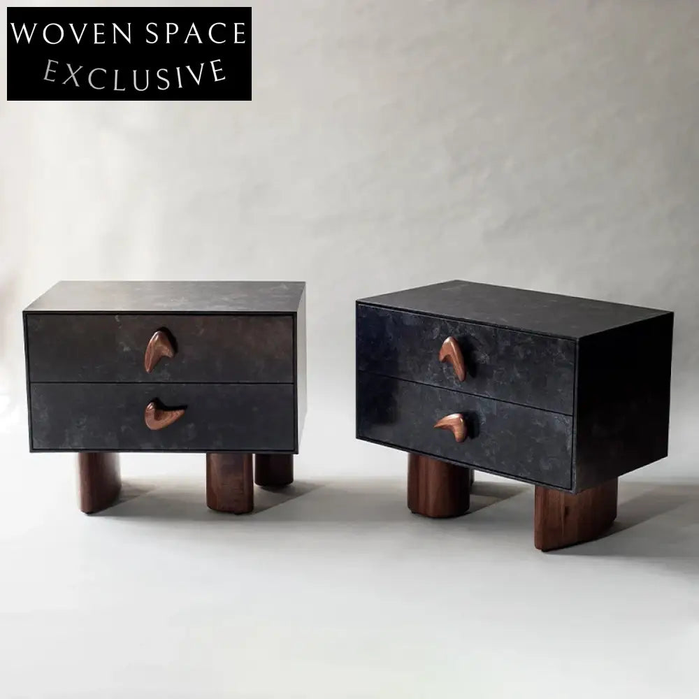 Modern Black Wood Two-Drawer Nightstand Side Table for Bedroom Storage