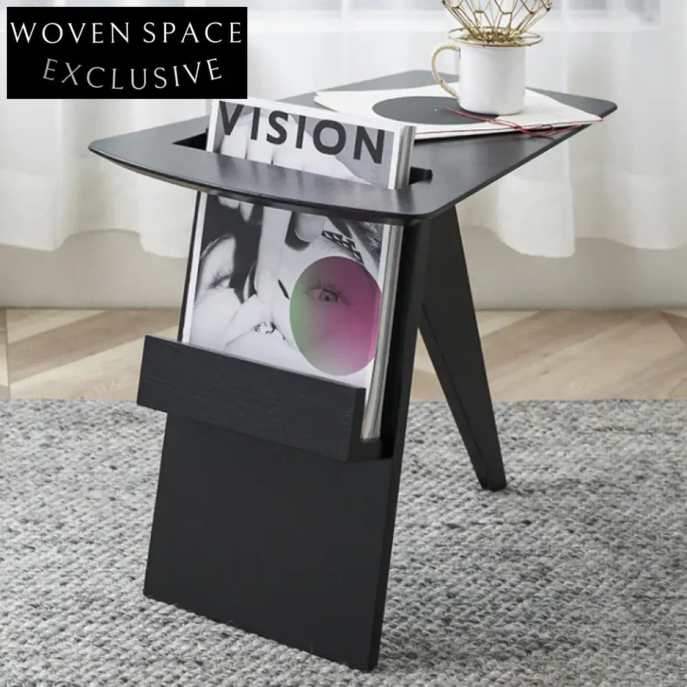 Modern Black Wooden Sofa Side Table with Storage Shelf Magazine Rack