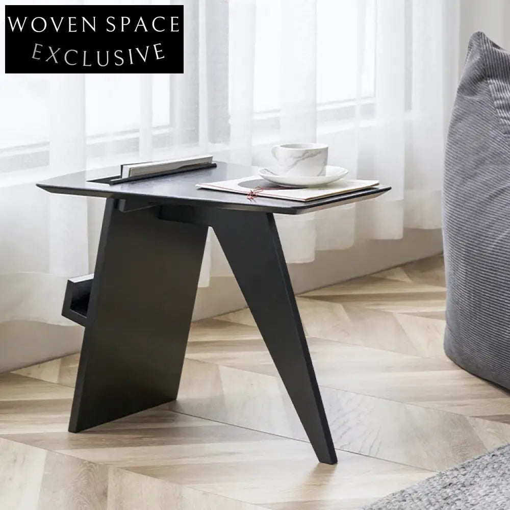 Modern Black Wooden Sofa Side Table with Storage Shelf Magazine Rack