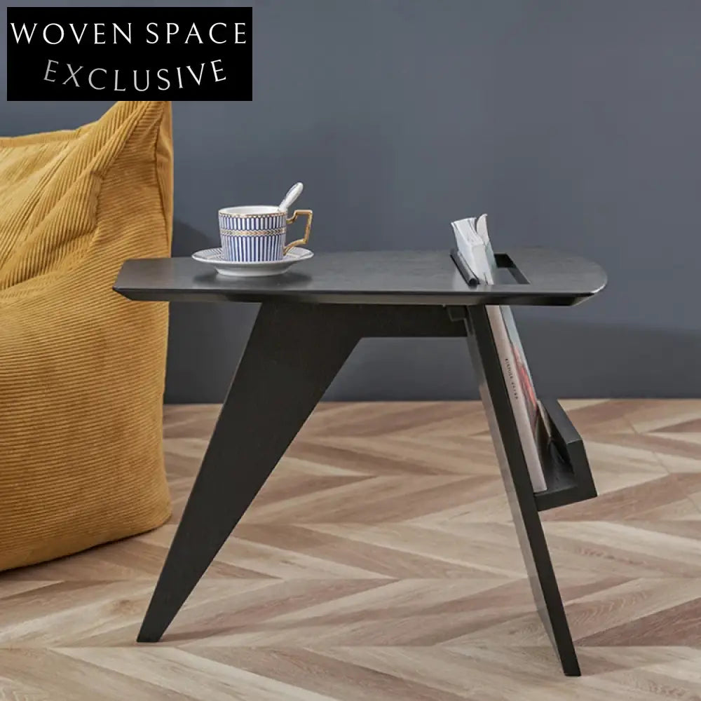 Modern Black Wooden Sofa Side Table with Storage Shelf Magazine Rack