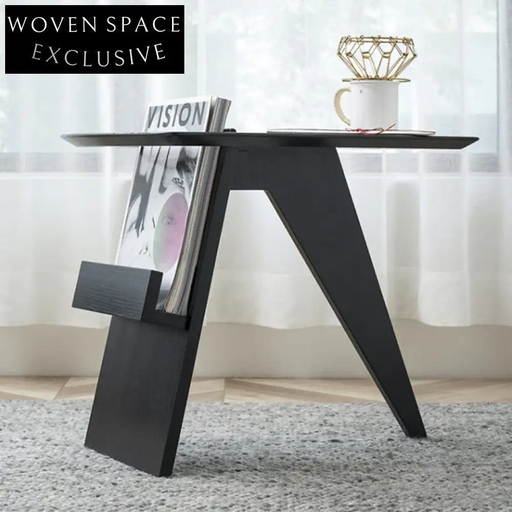 Modern Black Wooden Sofa Side Table with Storage Shelf Magazine Rack