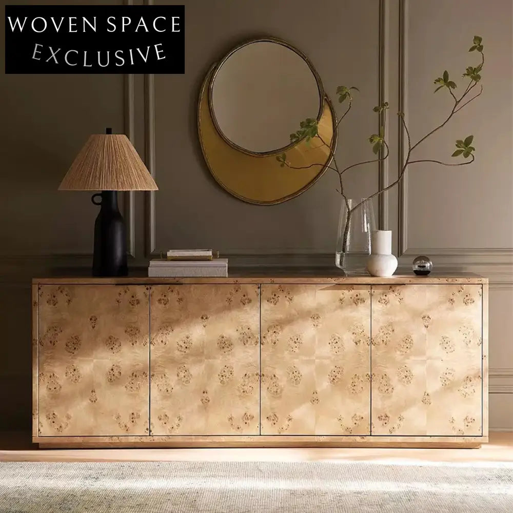 Modern Burl Wood Veneer Sideboard Cabinet with 4 Doors for Living Room