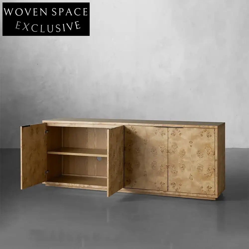 Modern Burl Wood Veneer Sideboard Cabinet with 4 Doors for Living Room