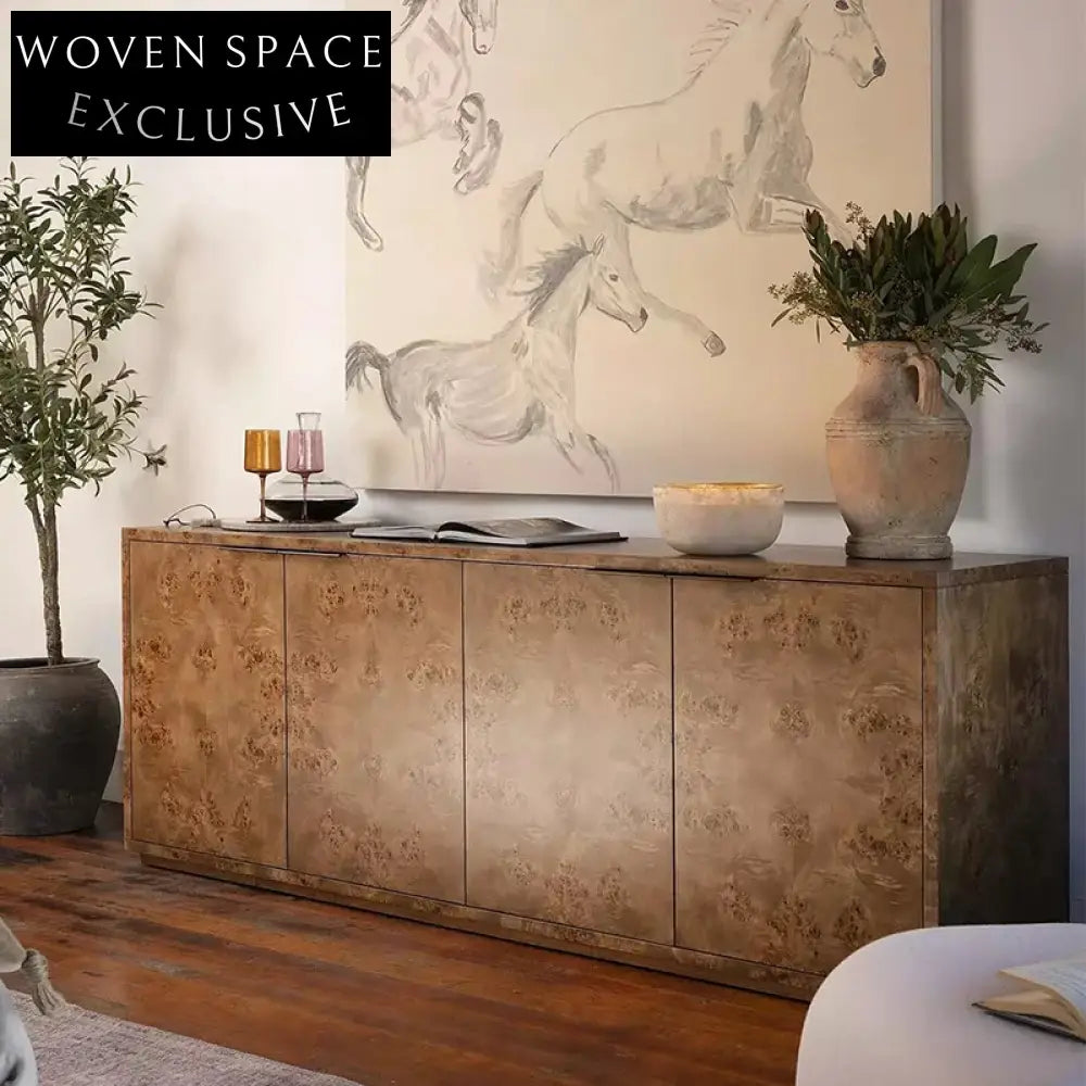 Modern Burl Wood Veneer Sideboard Cabinet with 4 Doors for Living Room