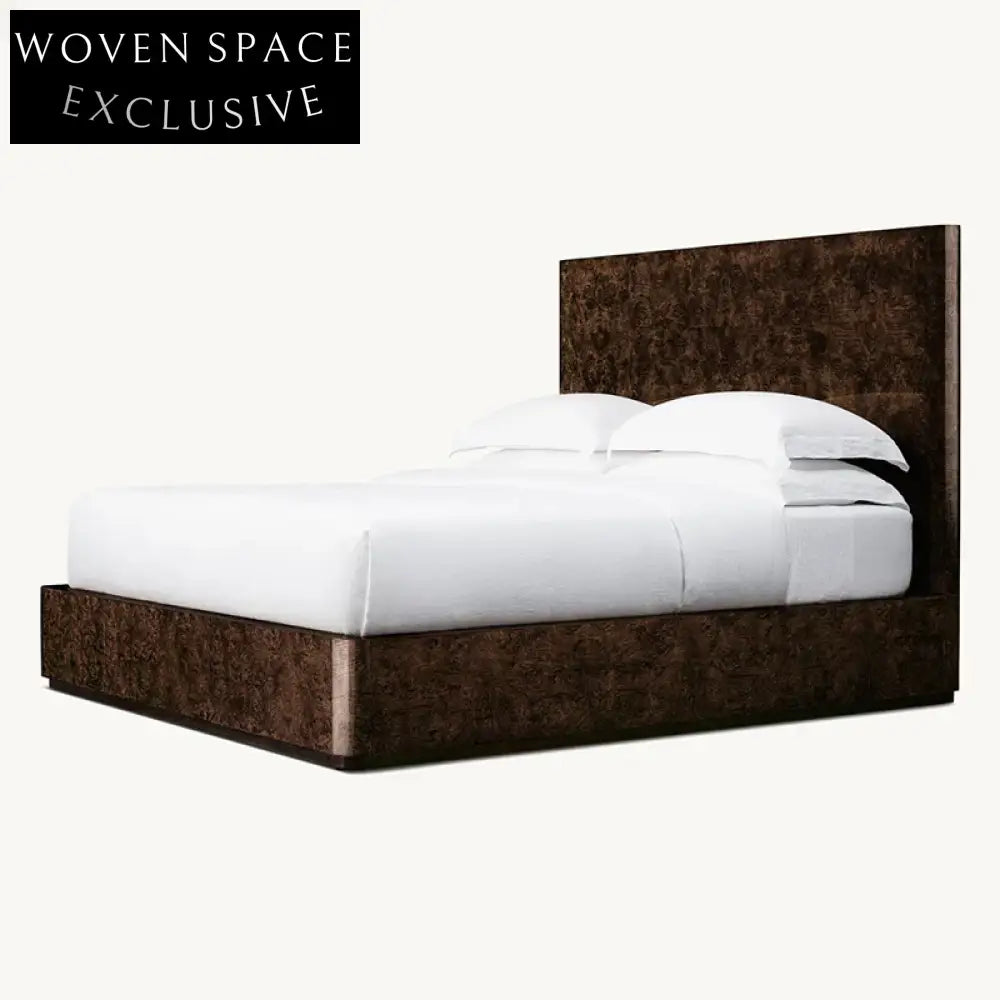 Modern Burl Wood Veneer Upholstered King Size Soft Bed Frame