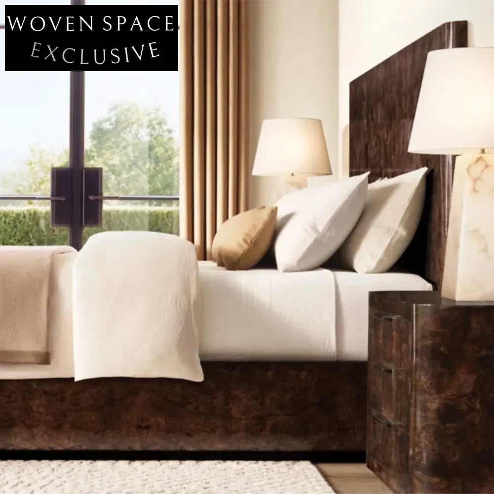 Modern Burl Wood Veneer Upholstered King Size Soft Bed Frame