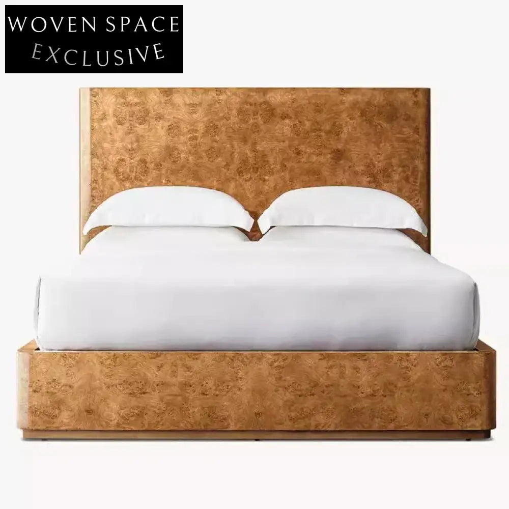 Modern Burl Wood Veneer Upholstered King Size Soft Bed Frame