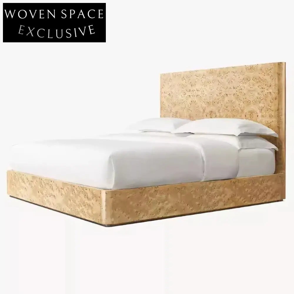 Modern Burl Wood Veneer Upholstered King Size Soft Bed Frame