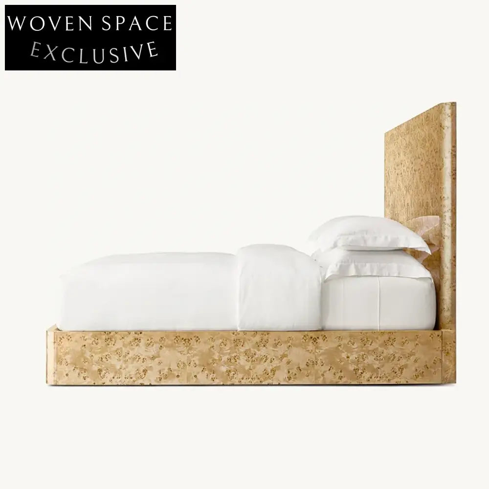 Modern Burl Wood Veneer Upholstered King Size Soft Bed Frame