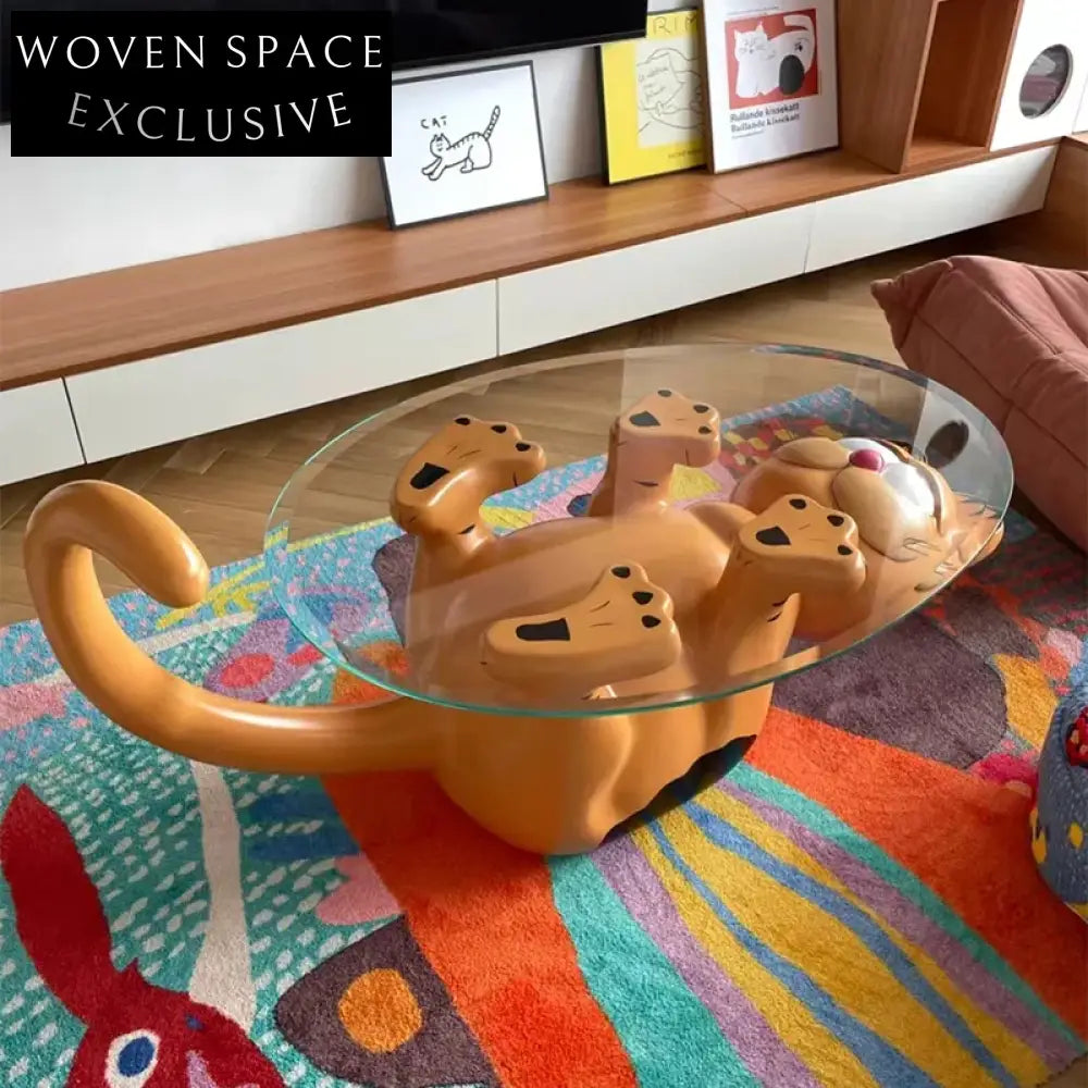 Modern Cat Shaped Fiberglass Glass Top Living Room Center Coffee Table
