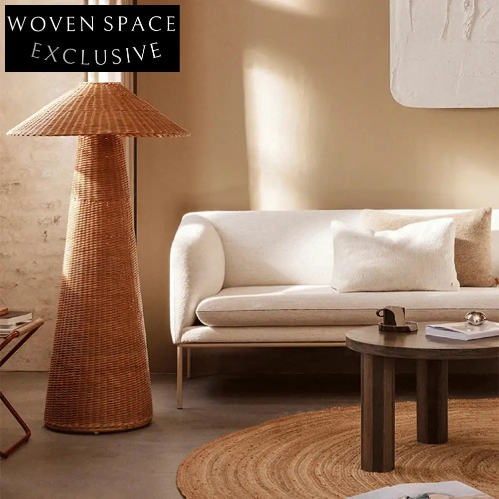 Modern Circular Rattan Frame Floor Lamp, Brown Lampshade, Elegant Bedroom Chandelier Lighting