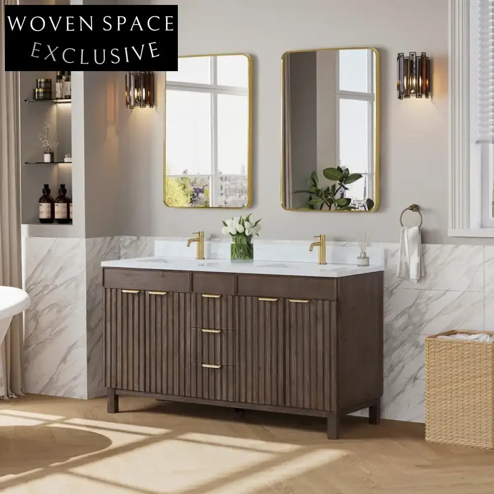 Modern Classic Brown Solid Wood Bathroom Vanity Cabinet with Culture Marble Top