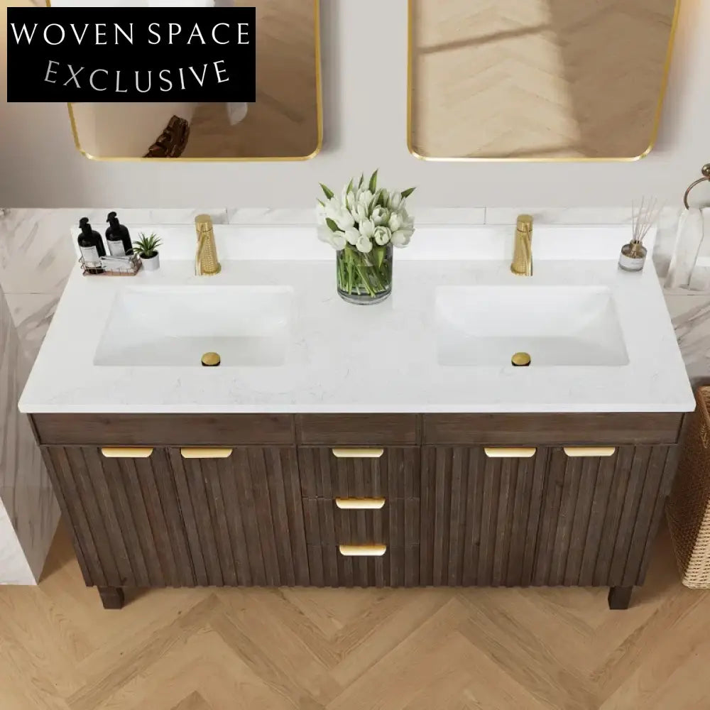 Modern Classic Brown Solid Wood Bathroom Vanity Cabinet with Culture Marble Top