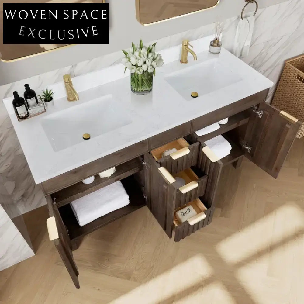 Modern Classic Brown Solid Wood Bathroom Vanity Cabinet with Culture Marble Top