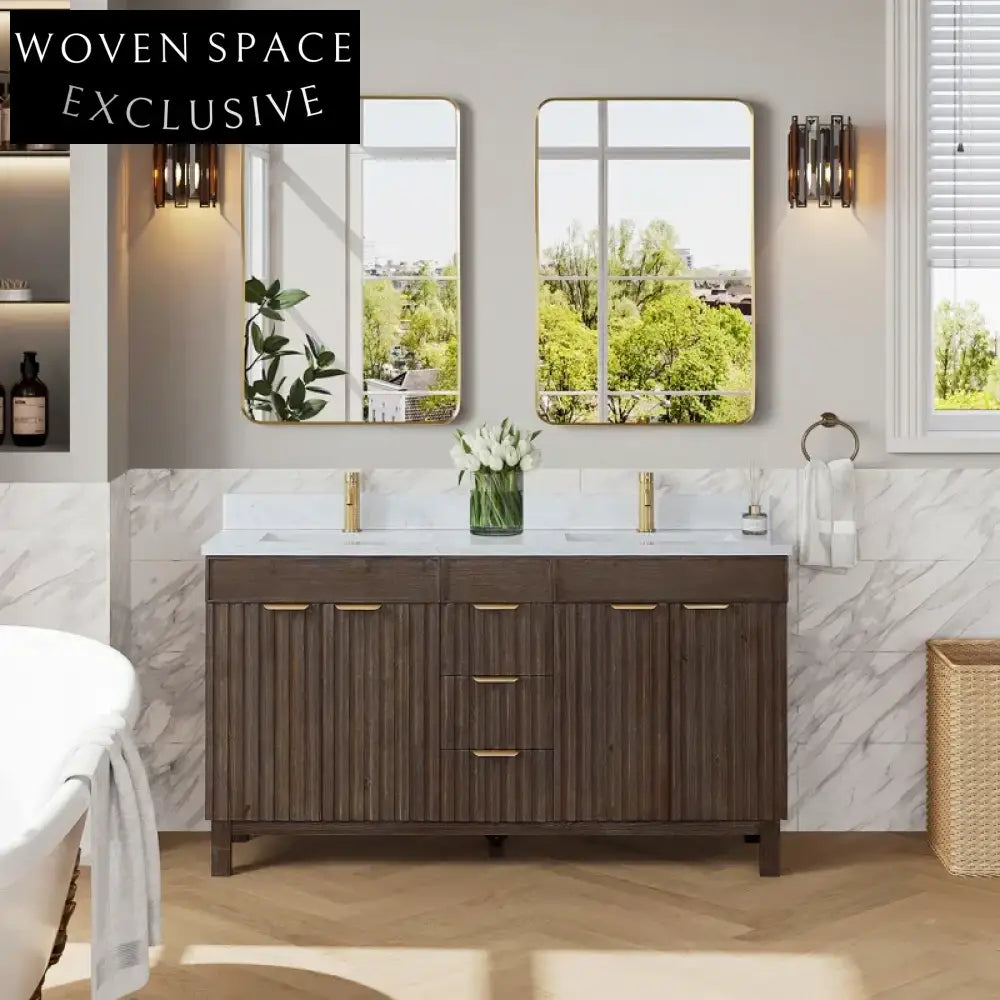 Modern Classic Brown Solid Wood Bathroom Vanity Cabinet with Culture Marble Top