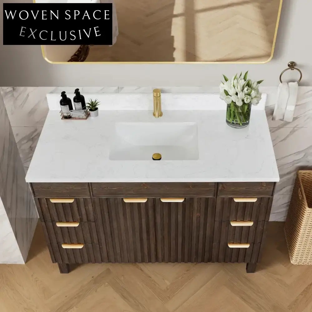Modern Classic Brown Wood Bathroom Vanity Cabinet with Soft-Close Drawers