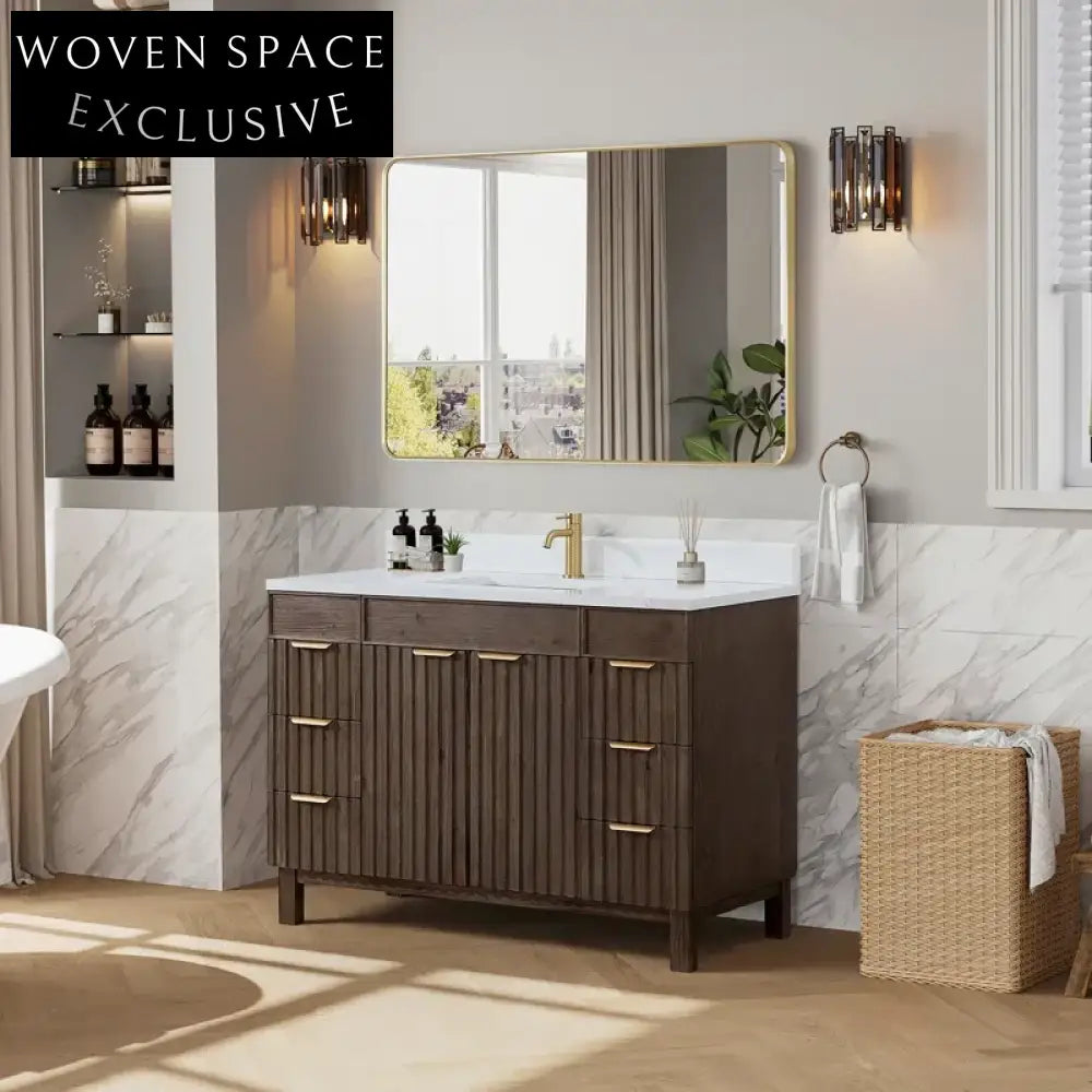 Modern Classic Brown Wood Bathroom Vanity Cabinet with Soft-Close Drawers