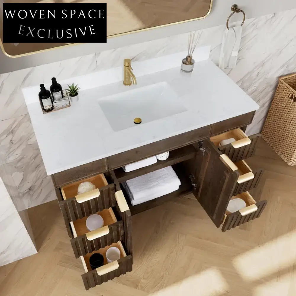 Modern Classic Brown Wood Bathroom Vanity Cabinet with Soft-Close Drawers