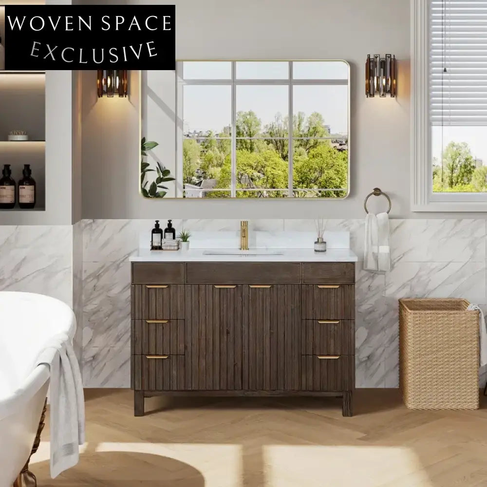 Modern Classic Brown Wood Bathroom Vanity Cabinet with Soft-Close Drawers
