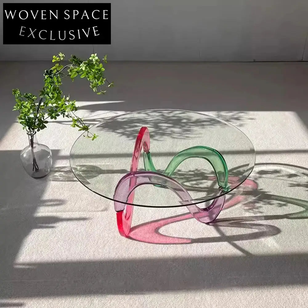 Modern Clear Acrylic Rainbow Base Round Coffee Table with Tempered Glass Top