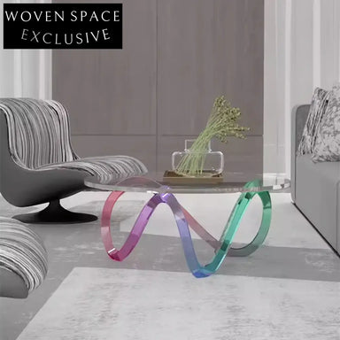 Modern Clear Acrylic Rainbow Base Round Coffee Table with Tempered Glass Top