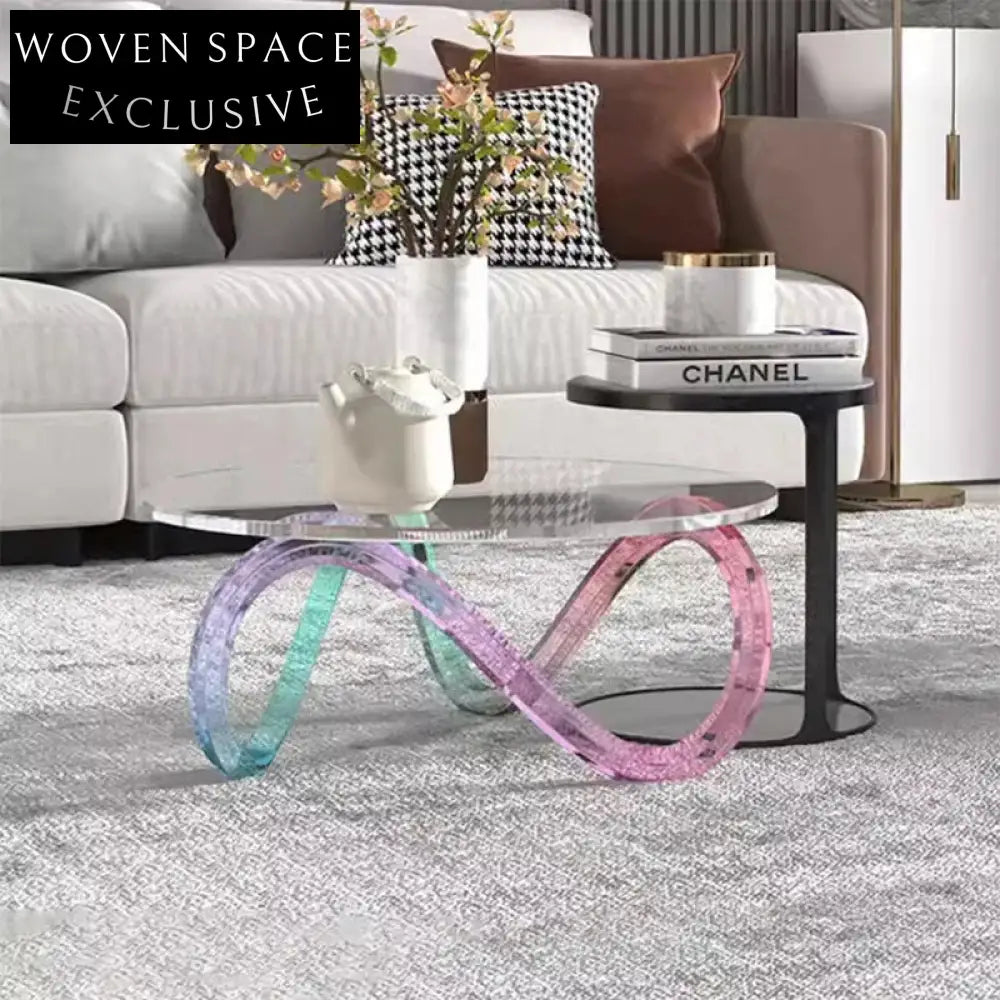 Modern Clear Acrylic Rainbow Base Round Coffee Table with Tempered Glass Top