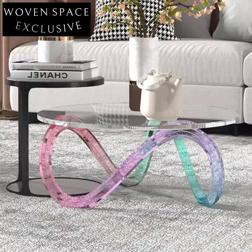 Modern Clear Acrylic Rainbow Base Round Coffee Table with Tempered Glass Top
