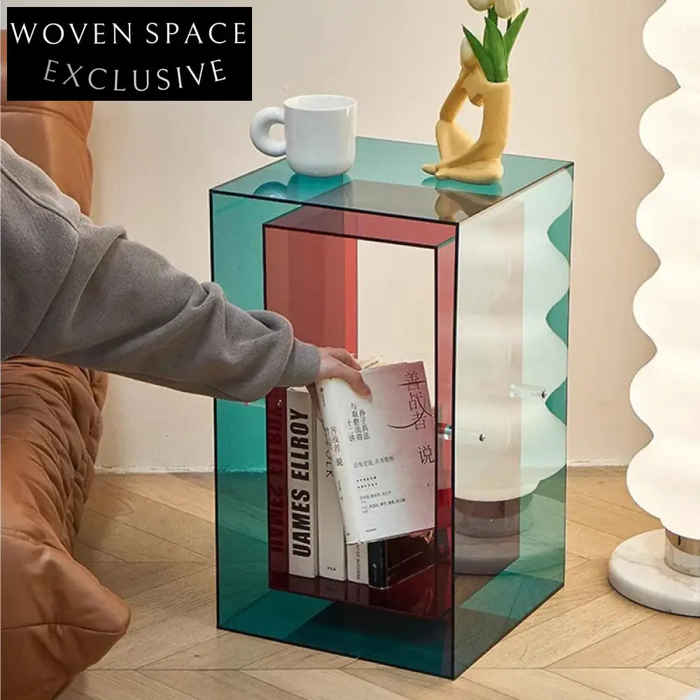 Modern Clear Acrylic Side Coffee Table with Storage for Living Room
