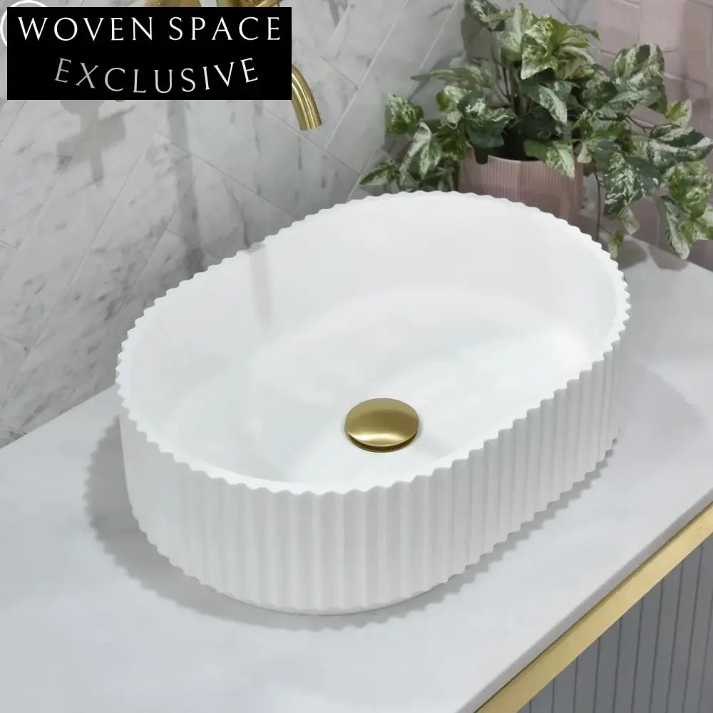 Modern Colorful Oval Fluted Groove Artificial Stone Bathroom Vessel Sink Basin