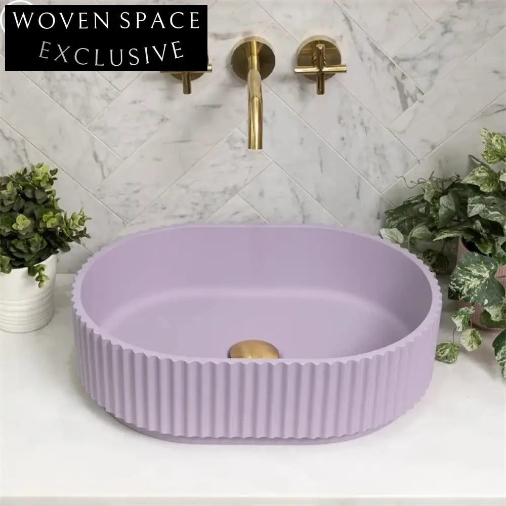 Modern Colorful Oval Fluted Groove Artificial Stone Bathroom Vessel Sink Basin