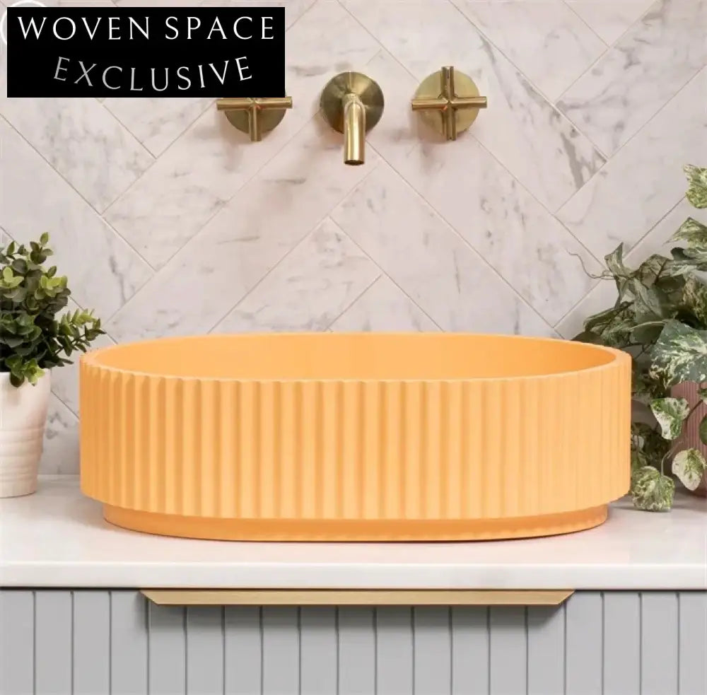 Modern Colorful Oval Fluted Groove Artificial Stone Bathroom Vessel Sink Basin