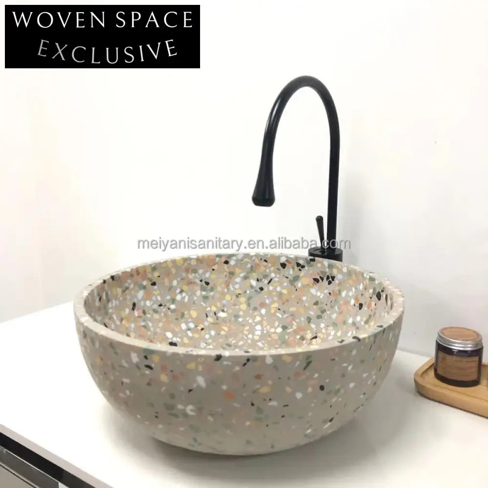 Modern Concrete Terrazzo Vessel Sink - Round White Cement Bathroom Basin