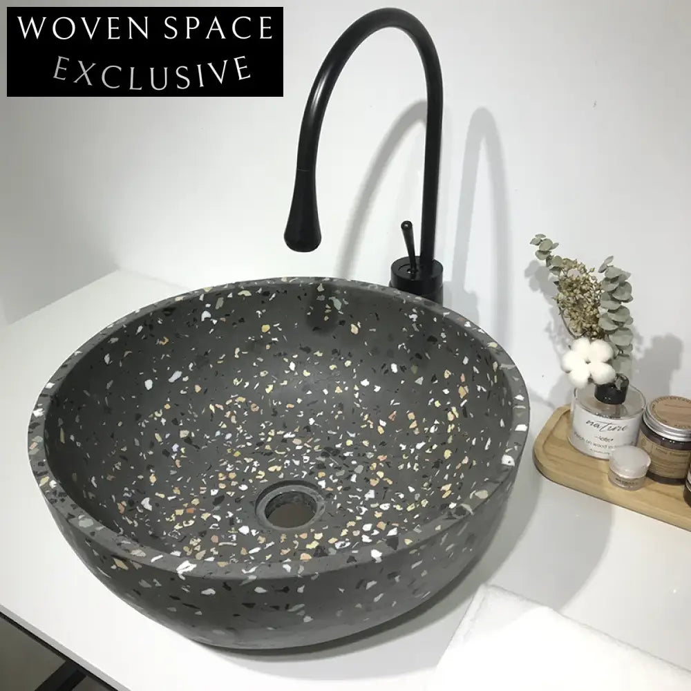 Modern Concrete Terrazzo Vessel Sink - Round White Cement Bathroom Basin