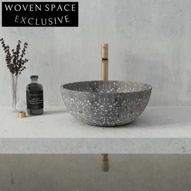 Modern Concrete Terrazzo Vessel Sink - Round White Cement Bathroom Basin