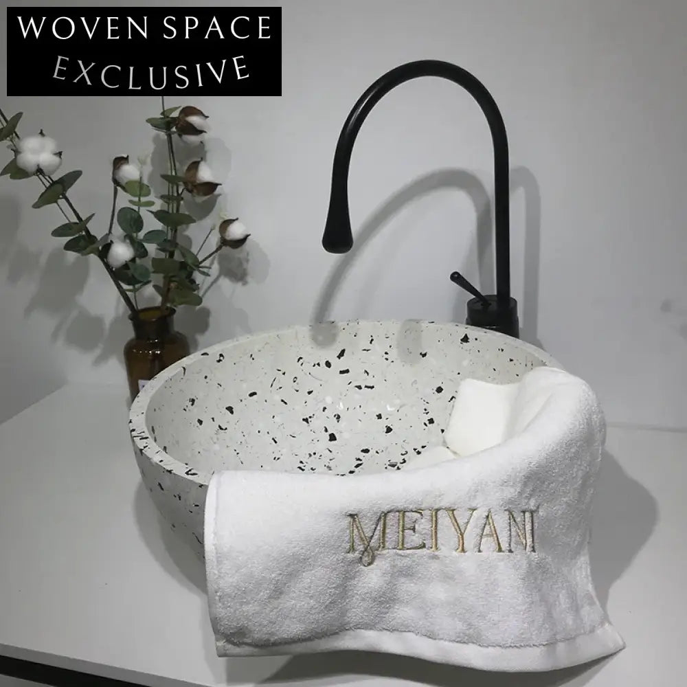Modern Concrete Terrazzo Vessel Sink - Round White Cement Bathroom Basin