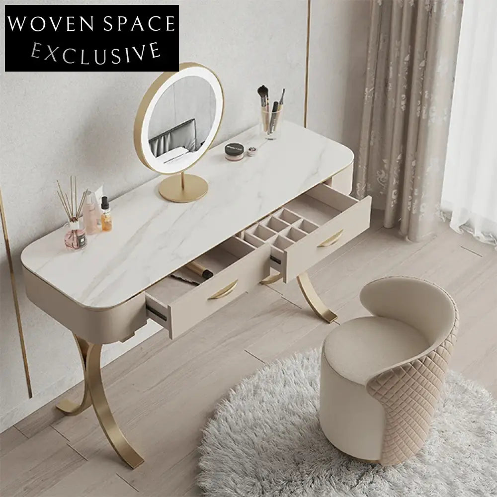 Modern Cream Dressing Table Slate Top, 2 Drawers, LED Mirror Vanity Set