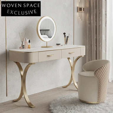 Modern Cream Dressing Table Slate Top, 2 Drawers, LED Mirror Vanity Set