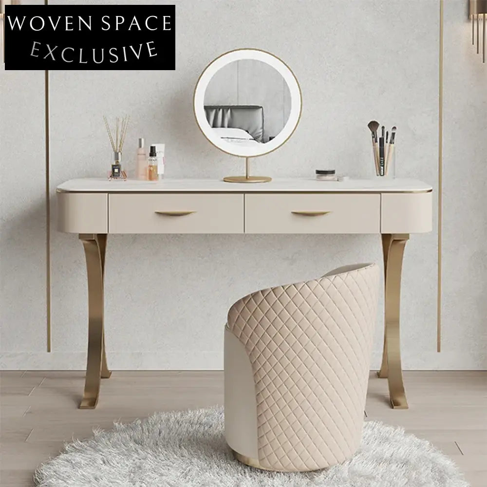Modern Cream Dressing Table Slate Top, 2 Drawers, LED Mirror Vanity Set