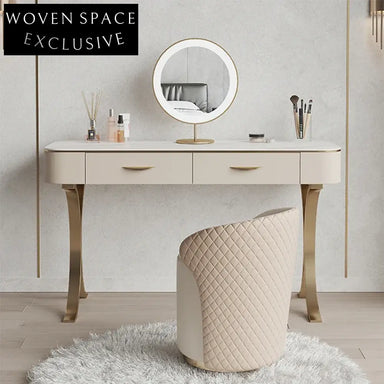 Modern Cream Dressing Table Slate Top, 2 Drawers, LED Mirror Vanity Set
