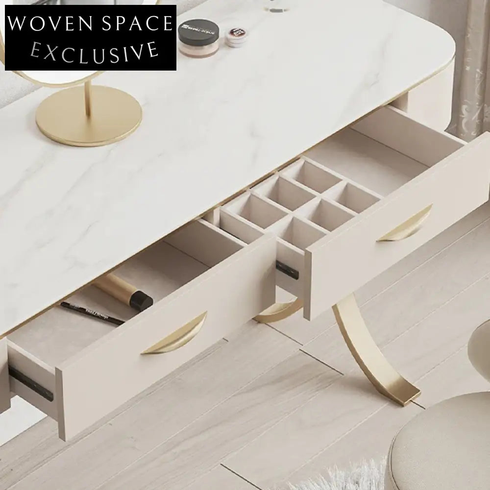 Modern Cream Dressing Table Slate Top, 2 Drawers, LED Mirror Vanity Set