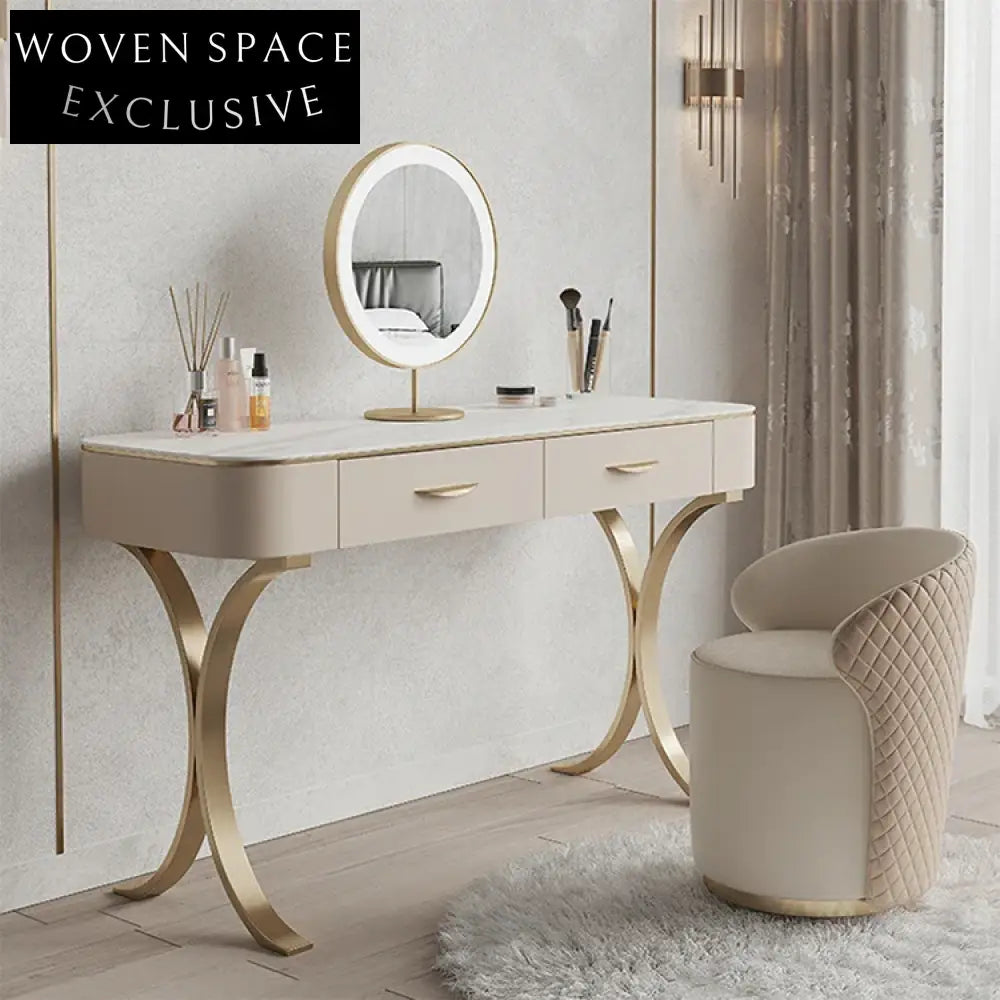 Modern Cream Dressing Table Slate Top, 2 Drawers, LED Mirror Vanity Set