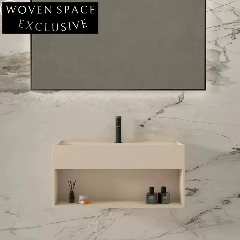 Modern Cream Wall-Hung Solid Surface Bathroom Sink with Integrated Basin